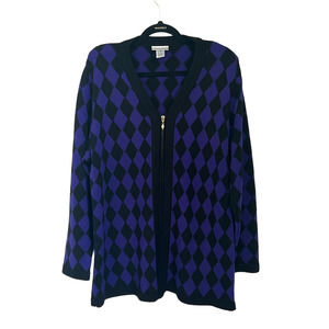 Essential Elements Women's Purple Black Argyle Pattern Zip Up V-Neck Sweater XL